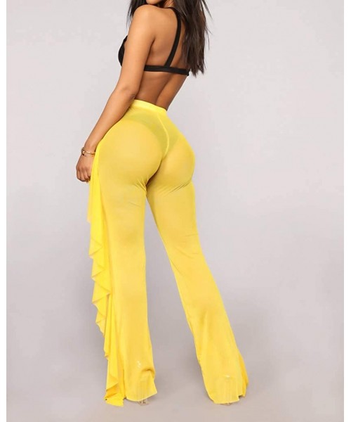 Bottoms Women's See Through Sheer Mesh High Waist Wide Leg Palazzo Pants Swimsuit Bikini Bottom Cover up - Yellow(ruffle) - C...