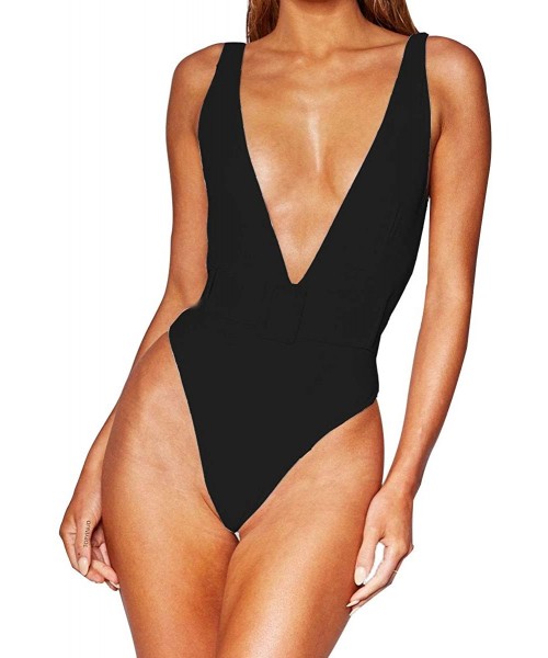 One-Pieces Womens Sexy Deep V Neck High Waist Push Up Belt One Piece Swimsuits Swimwear - Black - CG1947E3X2W