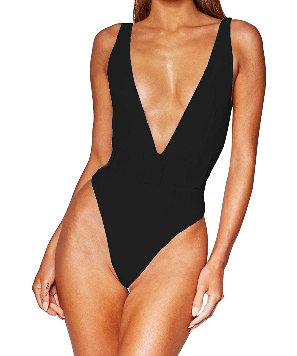 One-Pieces Womens Sexy Deep V Neck High Waist Push Up Belt One Piece Swimsuits Swimwear - Black - CG1947E3X2W