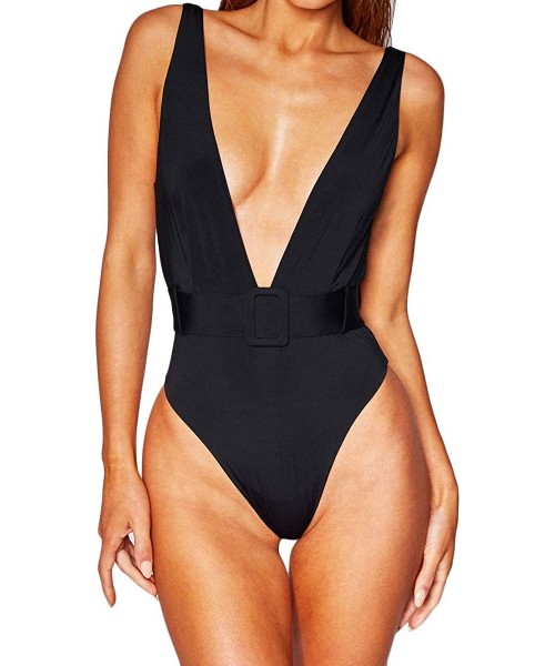 One-Pieces Womens Sexy Deep V Neck High Waist Push Up Belt One Piece Swimsuits Swimwear - Black - CG1947E3X2W