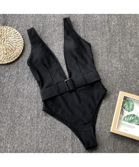 One-Pieces Womens Sexy Deep V Neck High Waist Push Up Belt One Piece Swimsuits Swimwear - Black - CG1947E3X2W