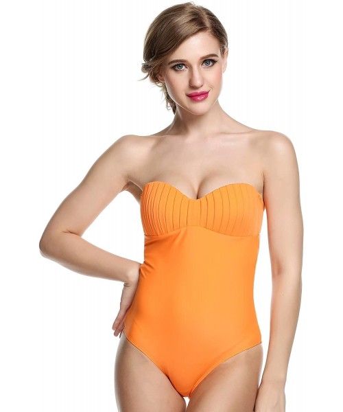 One-Pieces Women Retro Halter One Piece Swimsuit Off-Shoulder Bandeau Bathing Suit Swimwear - Orange - C018E8WL9DQ