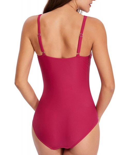 One-Pieces Women One Piece Tummy Control Swimsuit Sport Swimwear Ruched Monokini Push Up Bathing Suits for Plus Size Rose Red...