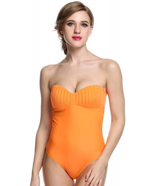 One-Pieces Women Retro Halter One Piece Swimsuit Off-Shoulder Bandeau Bathing Suit Swimwear - Orange - C018E8WL9DQ