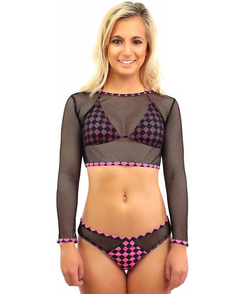 Sets Checkerboard Bikini Rave Festival Clothing - Women Fishnet Outfit EDM Clothes - Hot Pink Checkerboard Fishnet 3pc Set + ...