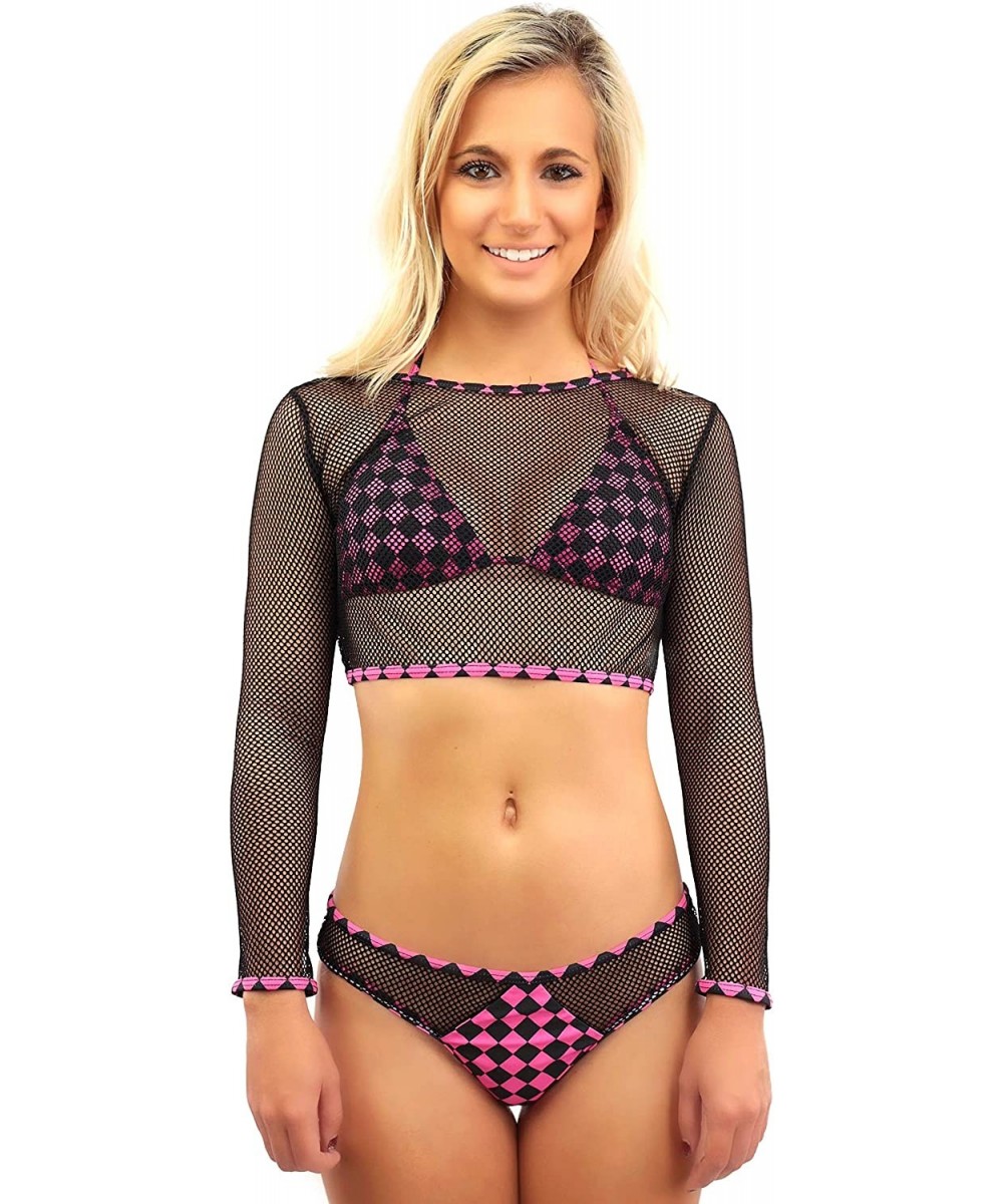 Sets Checkerboard Bikini Rave Festival Clothing - Women Fishnet Outfit EDM Clothes - Hot Pink Checkerboard Fishnet 3pc Set + ...