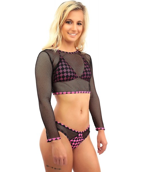 Sets Checkerboard Bikini Rave Festival Clothing - Women Fishnet Outfit EDM Clothes - Hot Pink Checkerboard Fishnet 3pc Set + ...