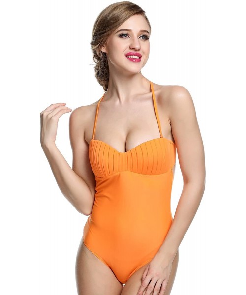 One-Pieces Women Retro Halter One Piece Swimsuit Off-Shoulder Bandeau Bathing Suit Swimwear - Orange - C018E8WL9DQ