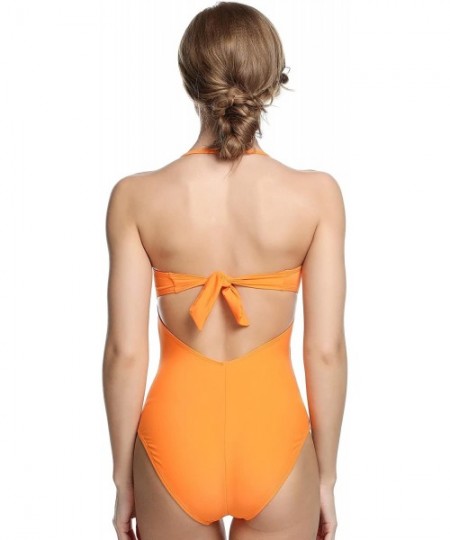 One-Pieces Women Retro Halter One Piece Swimsuit Off-Shoulder Bandeau Bathing Suit Swimwear - Orange - C018E8WL9DQ