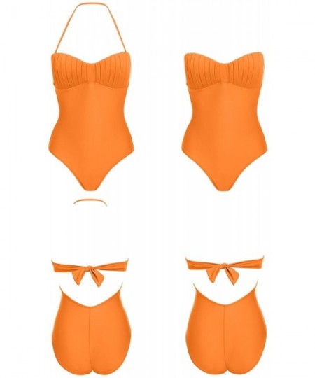 One-Pieces Women Retro Halter One Piece Swimsuit Off-Shoulder Bandeau Bathing Suit Swimwear - Orange - C018E8WL9DQ