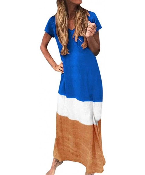 Racing Dress for Womens Summer Short Sleeve Gradient Color Tie Dyeing V-Neck Long Dress - B Blue - C818W2I5D0A