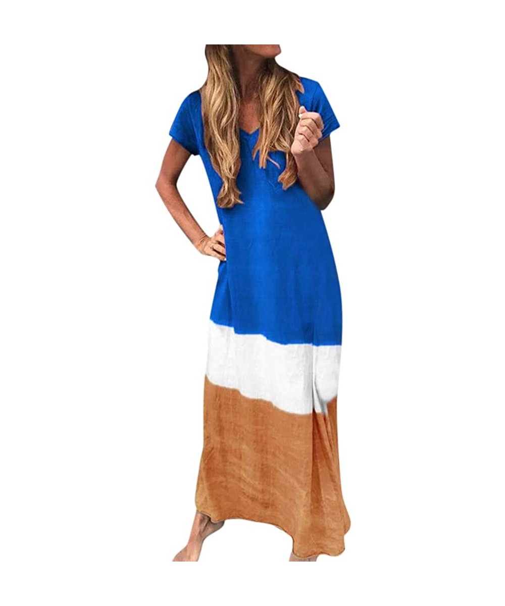 Racing Dress for Womens Summer Short Sleeve Gradient Color Tie Dyeing V-Neck Long Dress - B Blue - C818W2I5D0A