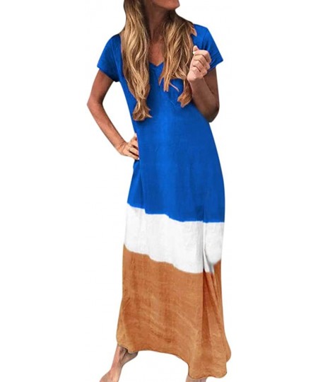 Racing Dress for Womens Summer Short Sleeve Gradient Color Tie Dyeing V-Neck Long Dress - B Blue - C818W2I5D0A