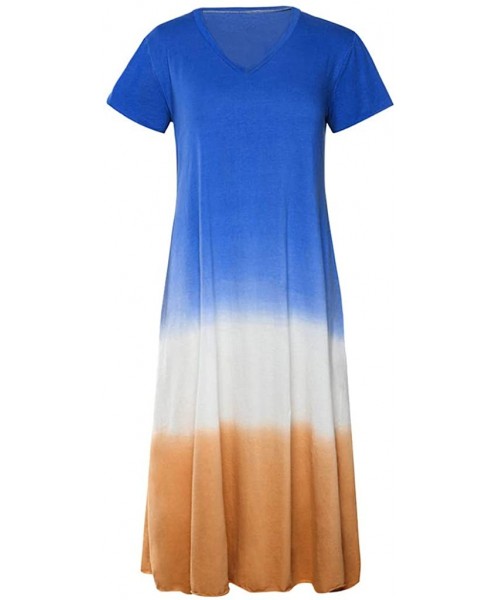 Racing Dress for Womens Summer Short Sleeve Gradient Color Tie Dyeing V-Neck Long Dress - B Blue - C818W2I5D0A