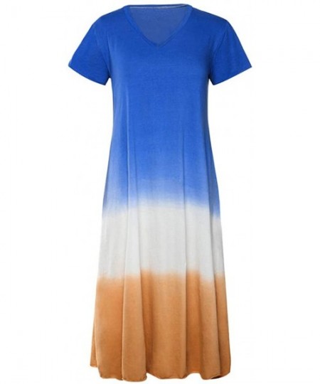 Racing Dress for Womens Summer Short Sleeve Gradient Color Tie Dyeing V-Neck Long Dress - B Blue - C818W2I5D0A