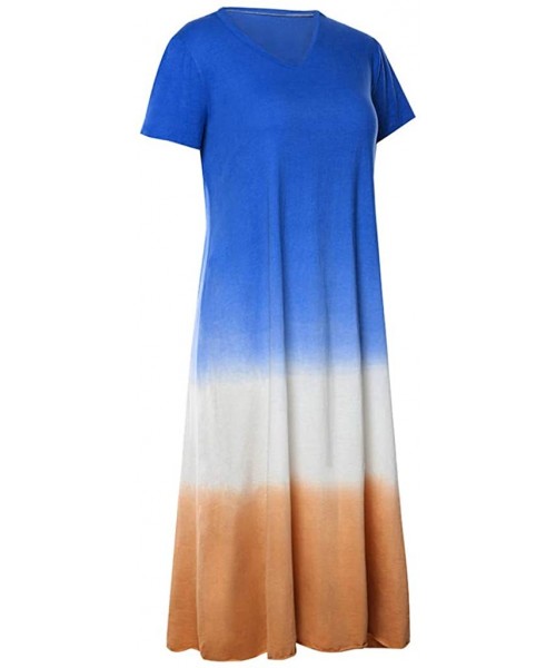 Racing Dress for Womens Summer Short Sleeve Gradient Color Tie Dyeing V-Neck Long Dress - B Blue - C818W2I5D0A