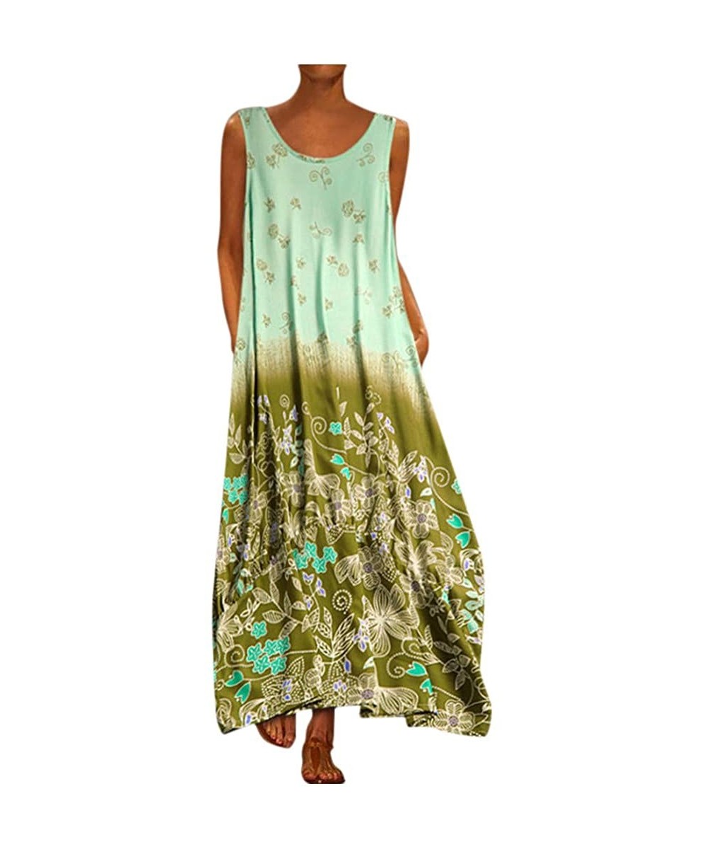 Cover-Ups Women's Sleeveless V-Neck Long Tank Dress Vintage Print Summer Boho Casual Loose Party Maxi Dresses - Z4-green - C7...