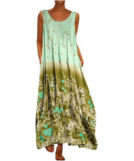 Cover-Ups Women's Sleeveless V-Neck Long Tank Dress Vintage Print Summer Boho Casual Loose Party Maxi Dresses - Z4-green - C7...