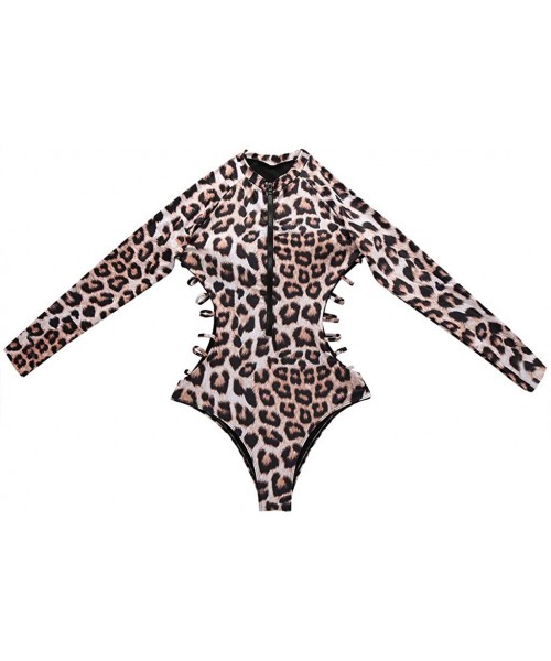 One-Pieces Women's Long Sleeve Bikini Leopard Print Set Swimsuit One Piece Filled Bra Swimwear Beachwear - Brown - CO194R582AE