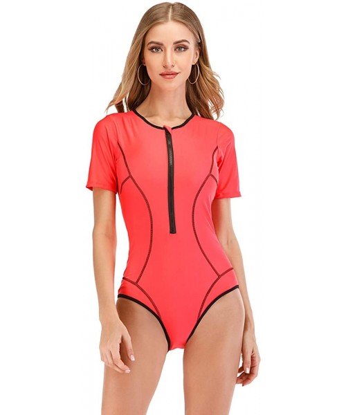 Rash Guards Women's Zip Front Printed Rashguard Swimsuit Sun Protection One Piece Swimwear - 8 Rust Red - CA190EQ0L7Z