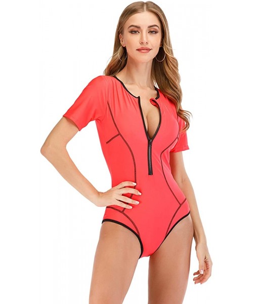 Rash Guards Women's Zip Front Printed Rashguard Swimsuit Sun Protection One Piece Swimwear - 8 Rust Red - CA190EQ0L7Z