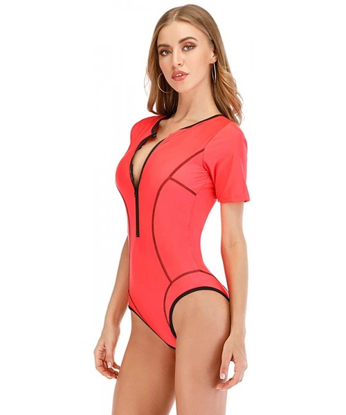 Rash Guards Women's Zip Front Printed Rashguard Swimsuit Sun Protection One Piece Swimwear - 8 Rust Red - CA190EQ0L7Z