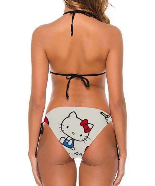 Sets Hello Kitty Catwomen Two Piece Swimsuit High Waisted Off Shoulder Ruffled Tie Side Bottom Triangle Bikini Set - CA190ORZ2MR