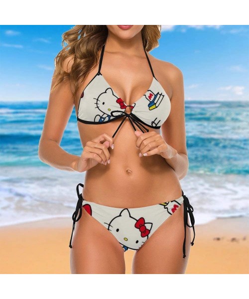 Sets Hello Kitty Catwomen Two Piece Swimsuit High Waisted Off Shoulder Ruffled Tie Side Bottom Triangle Bikini Set - CA190ORZ2MR