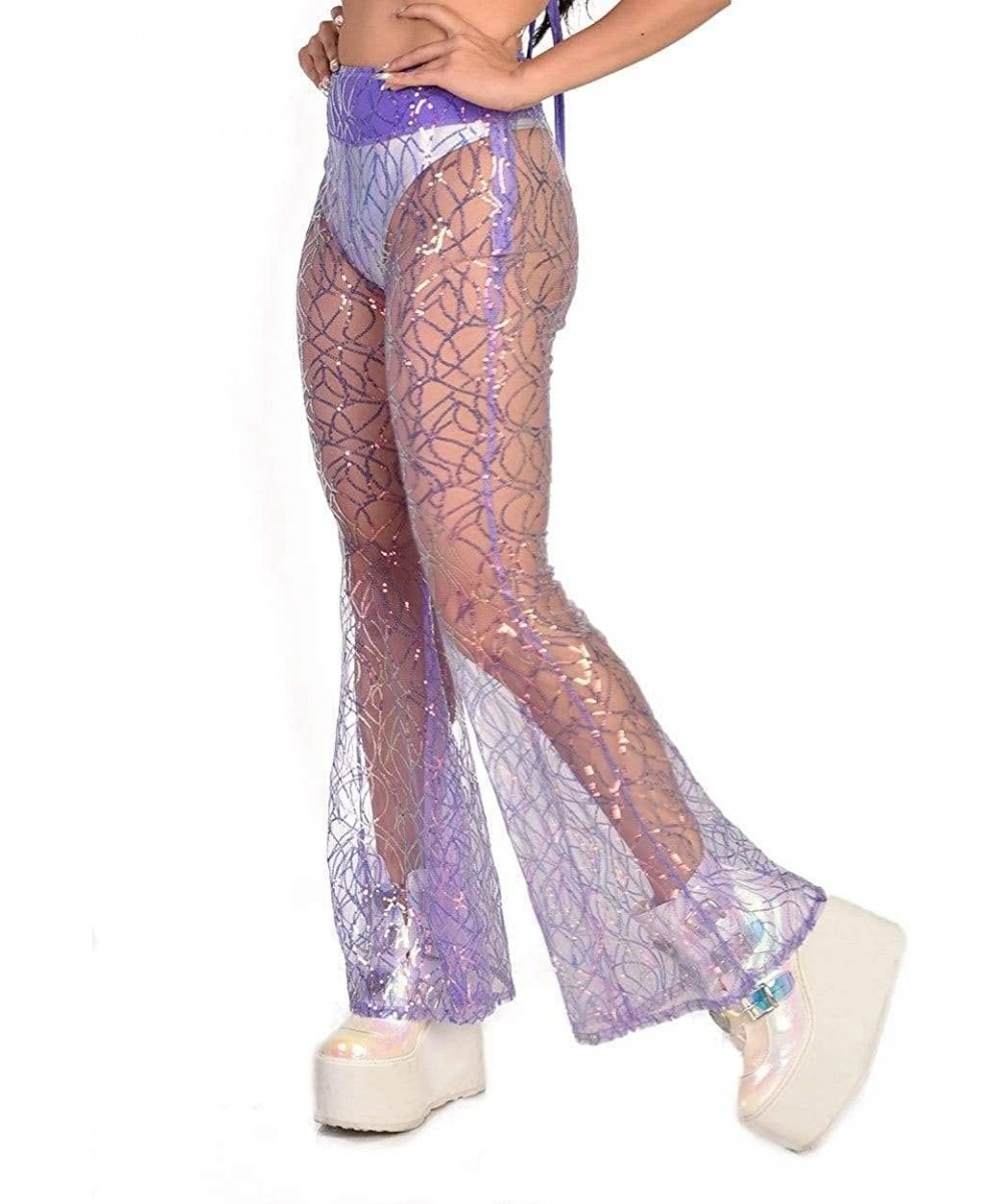 Tankinis Women's High Waisted Bell Bottom Flared Pants for Costumes - Lavender Stardust Sequin - CM18ROAR0D6