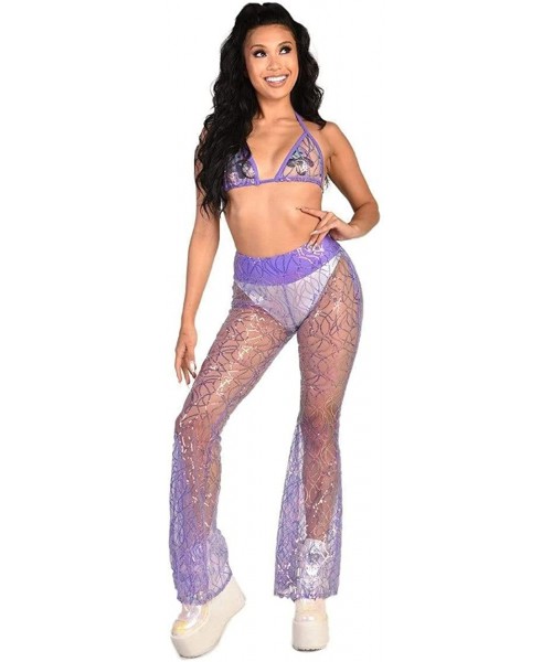 Tankinis Women's High Waisted Bell Bottom Flared Pants for Costumes - Lavender Stardust Sequin - CM18ROAR0D6