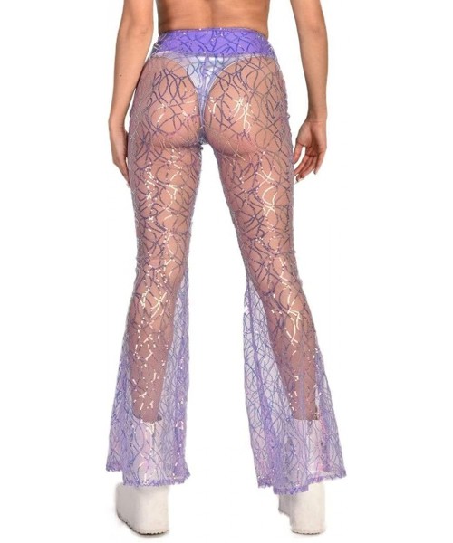 Tankinis Women's High Waisted Bell Bottom Flared Pants for Costumes - Lavender Stardust Sequin - CM18ROAR0D6