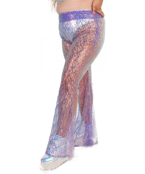 Tankinis Women's High Waisted Bell Bottom Flared Pants for Costumes - Lavender Stardust Sequin - CM18ROAR0D6