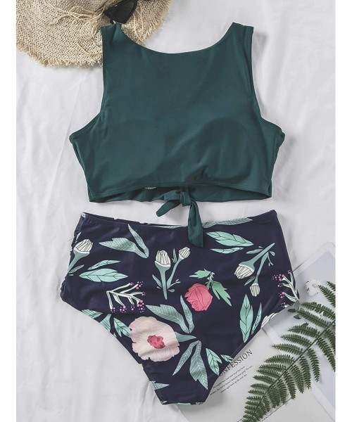 Sets Women's High Waisted Bikini Set Tie Knot Front Crop Top Two Piece Swimsuits - Green - C418WZOYG6Q