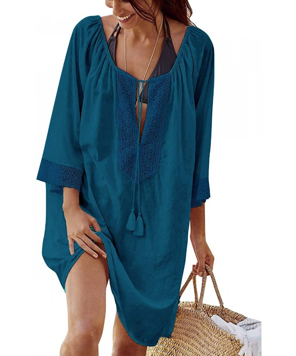 Cover-Ups Women's Oversized Swimsuit Cover up Solid Bikini Swimwear Beach Dress - Peacock Blue - CC18O736RX8