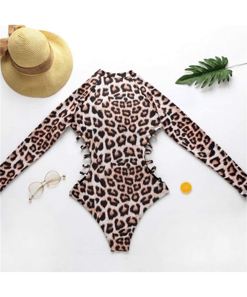 One-Pieces Women's Long Sleeve Bikini Leopard Print Set Swimsuit One Piece Filled Bra Swimwear Beachwear - Brown - CO194R582AE