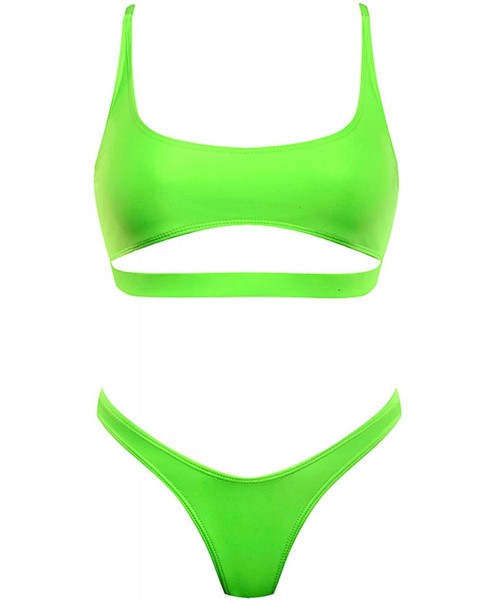 Sets Womens Sexy Bikini Strap Cutout Cheeky Bottom Two Pieces Swimsuits - Fluorescent Green - CM18TU0YDHO