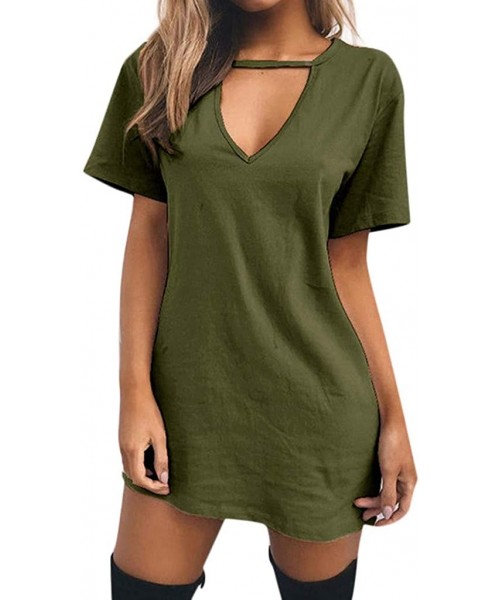 Bottoms Evening Dresses Sexy Casual Loose Mini Dress Short Sleeve Jumper Baggy Party Dress Choker Strap V Neck Dress Army Gre...