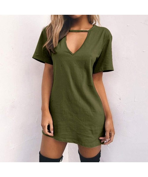 Bottoms Evening Dresses Sexy Casual Loose Mini Dress Short Sleeve Jumper Baggy Party Dress Choker Strap V Neck Dress Army Gre...