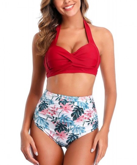 Sets Women's V Neck Bikini High Waisted Swimsuit Halter Twist Ruched Floral Bathing Suit - Red - CO190LHIN7E