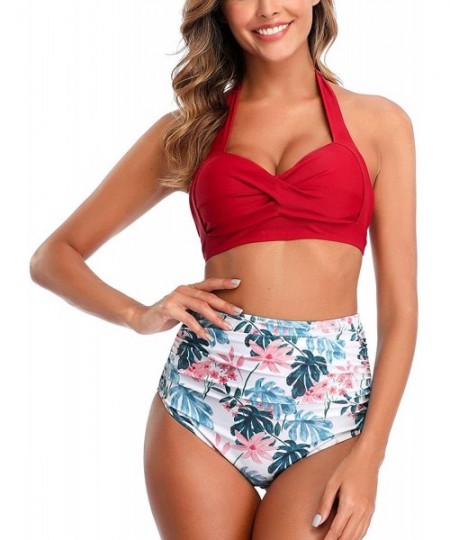 Sets Women's V Neck Bikini High Waisted Swimsuit Halter Twist Ruched Floral Bathing Suit - Red - CO190LHIN7E