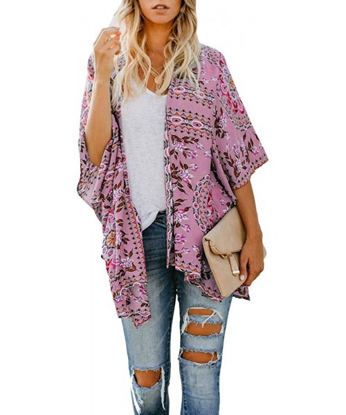 Cover-Ups Floral Cover Up Cardigan Loose Kimono for Women Casual Tops Blouse Capes - Pink 03 - CF19683M6GN