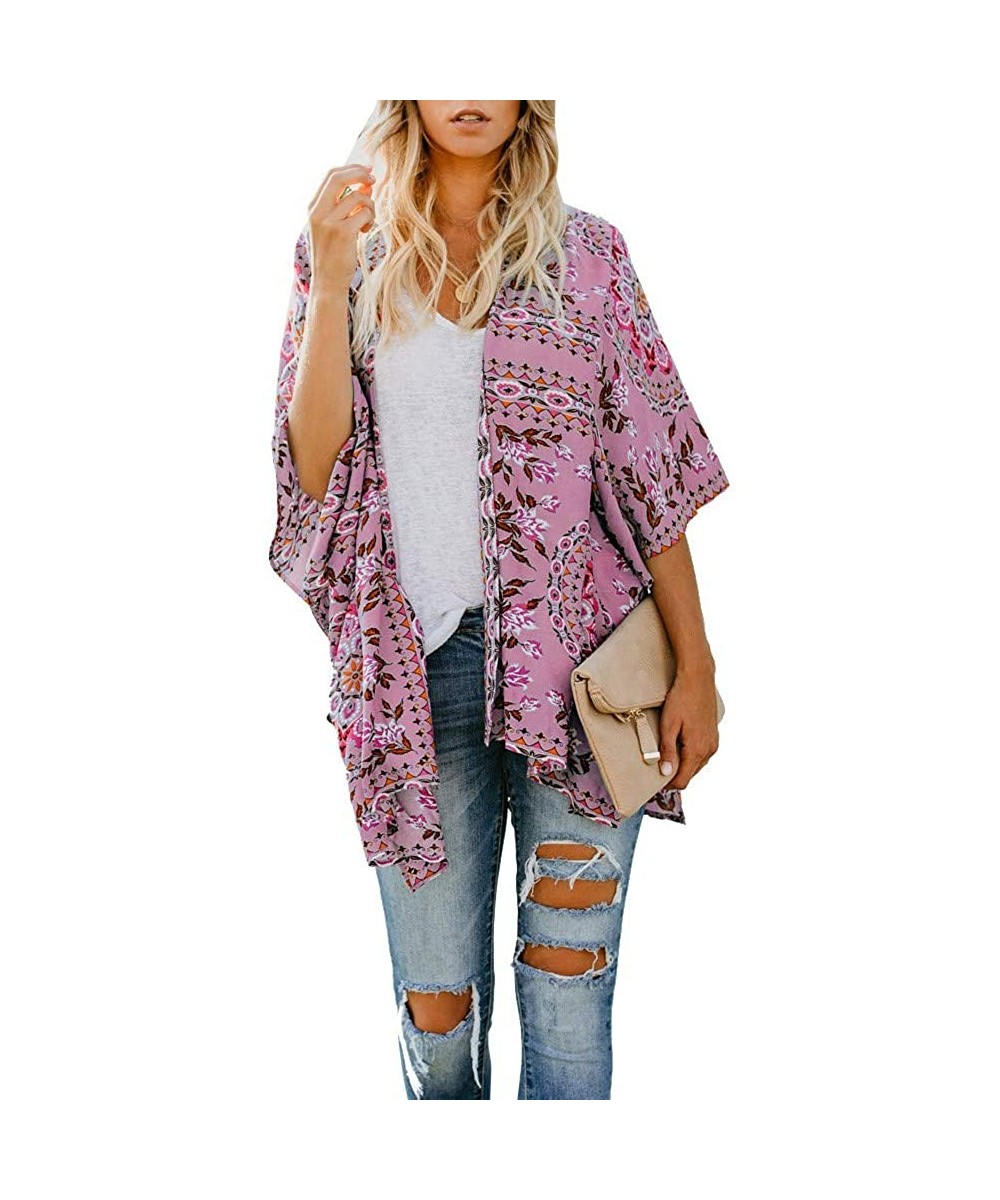 Cover-Ups Floral Cover Up Cardigan Loose Kimono for Women Casual Tops Blouse Capes - Pink 03 - CF19683M6GN