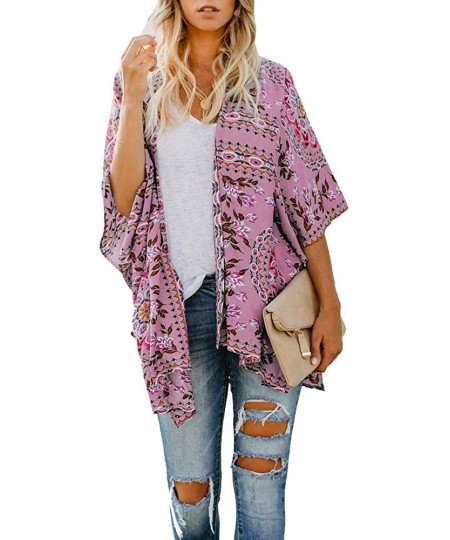 Cover-Ups Floral Cover Up Cardigan Loose Kimono for Women Casual Tops Blouse Capes - Pink 03 - CF19683M6GN