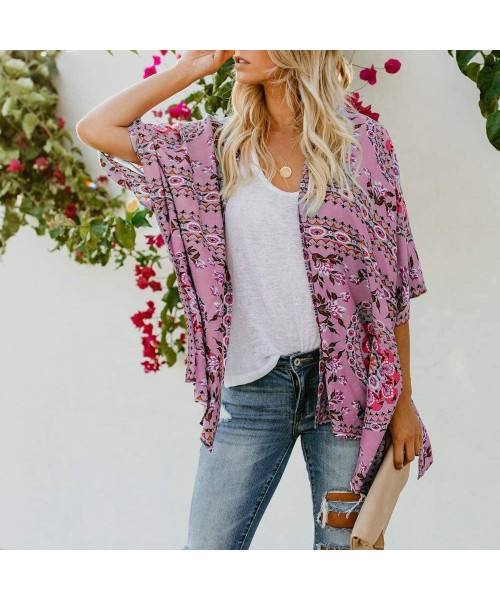 Cover-Ups Floral Cover Up Cardigan Loose Kimono for Women Casual Tops Blouse Capes - Pink 03 - CF19683M6GN