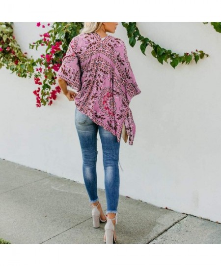 Cover-Ups Floral Cover Up Cardigan Loose Kimono for Women Casual Tops Blouse Capes - Pink 03 - CF19683M6GN