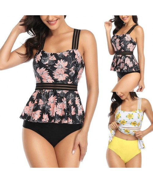 Sets Womens Slim Swimsuits-Women's Two Piece Bathing Suit Retro Print Tankini Ruffle High Waist Bikini Tummy Control Swimwear...