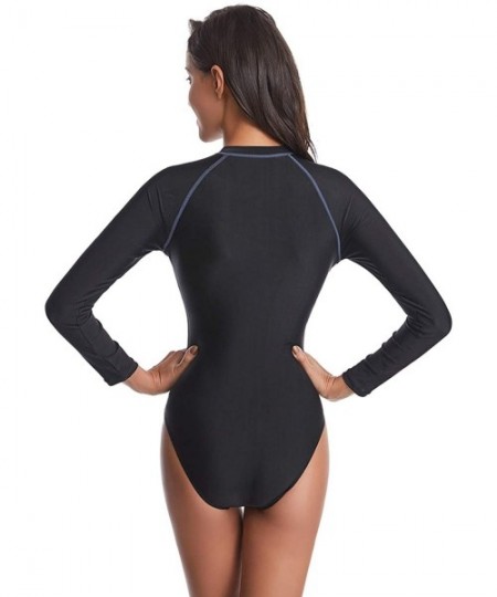 Racing Women's Athletic One Piece Swimsuit Long Sleeve Rash Guard Swimming Bathing Suit Zip Up Swimwear Black/Blue Line - CF1...