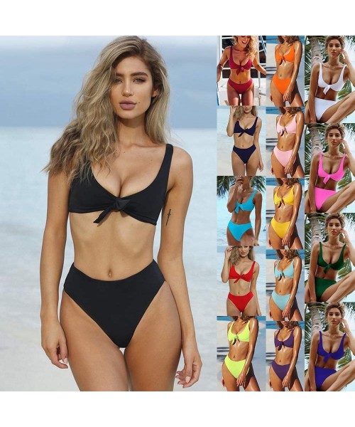 Sets Women's Self Tie Knot Front High Cut Thong Bikini High Waisted Swimsuit - Black - CS193IW06GE