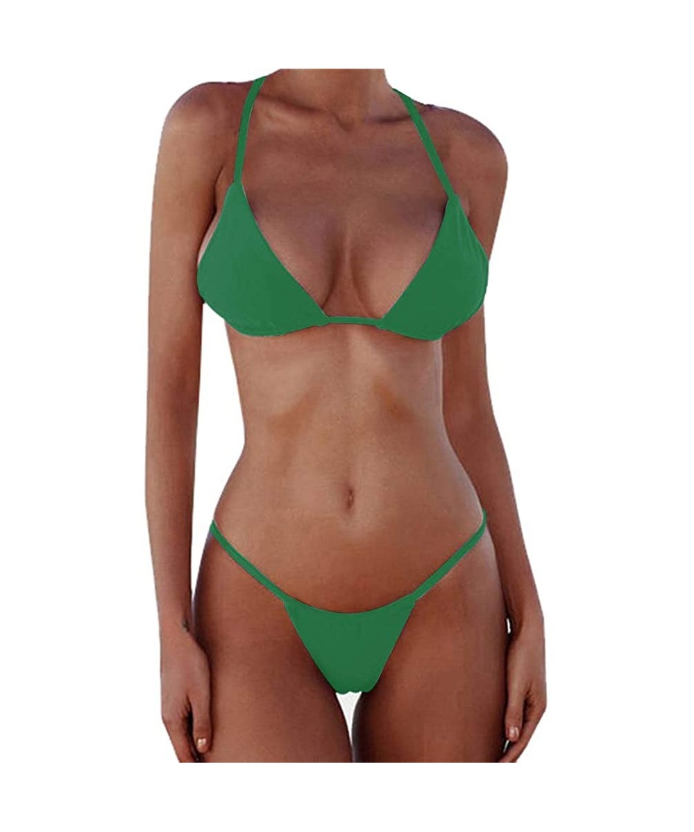 Sets Bikini Set Bandage Solid Brazilian Swimwear Two Pieces Swimsuit Padded Thong Bathing Suits Bikini Set Grass Green - CX18...