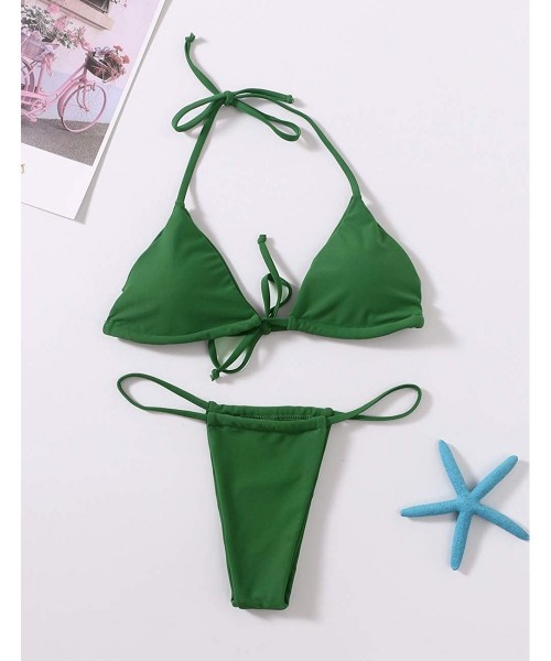 Sets Bikini Set Bandage Solid Brazilian Swimwear Two Pieces Swimsuit Padded Thong Bathing Suits Bikini Set Grass Green - CX18...